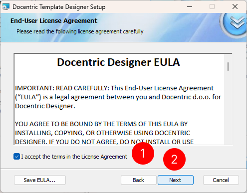 Screenshot of the Docentric Designer installation welcome screen showing the setup wizard introduction