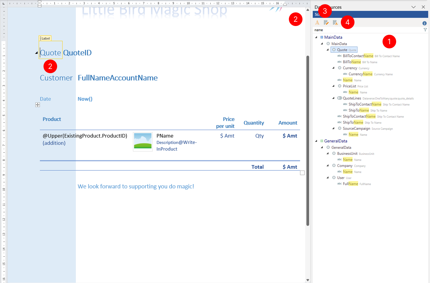 "Data Source pane displaying a hierarchical tree structure with MainData section expanded showing Quote, Customer, Date, Product, and QuoteLines records, and GeneralData section showing BusinessUnit, Company, and User records, with toolbar buttons at the top for filtering, inserting labels, editing preview data, and downloading DDSP file"