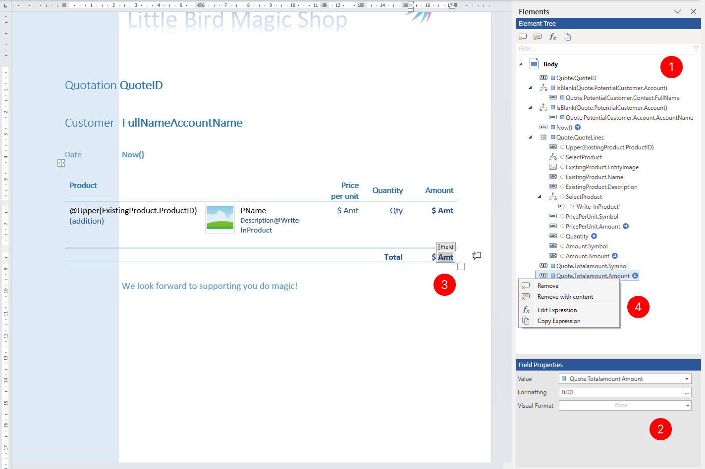 "Elements pane showing a hierarchical tree structure with Body element at the top, containing nested Quote, Customer, Date, and Product elements with their corresponding data bindings and properties visible in the right panel"
