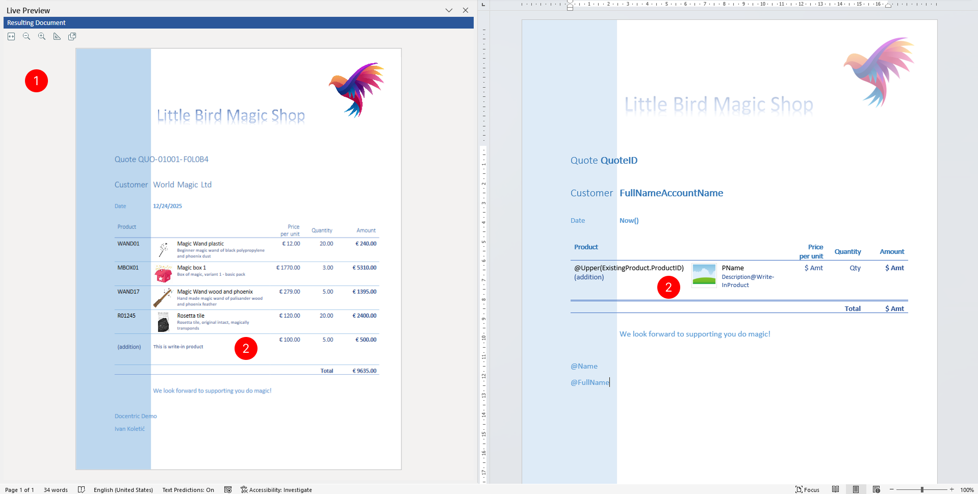 "Live Preview pane displaying a sample quotation document"