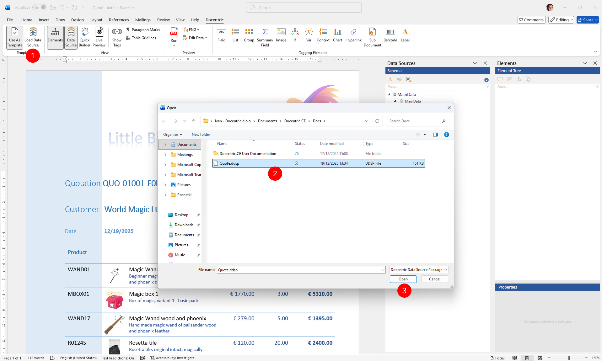 "Open dialog box in Windows File Explorer displaying the Documents folder with Quote.ddsp file selected, file type filter set to Docentric Data Source Package, and Open and Cancel buttons at the bottom"