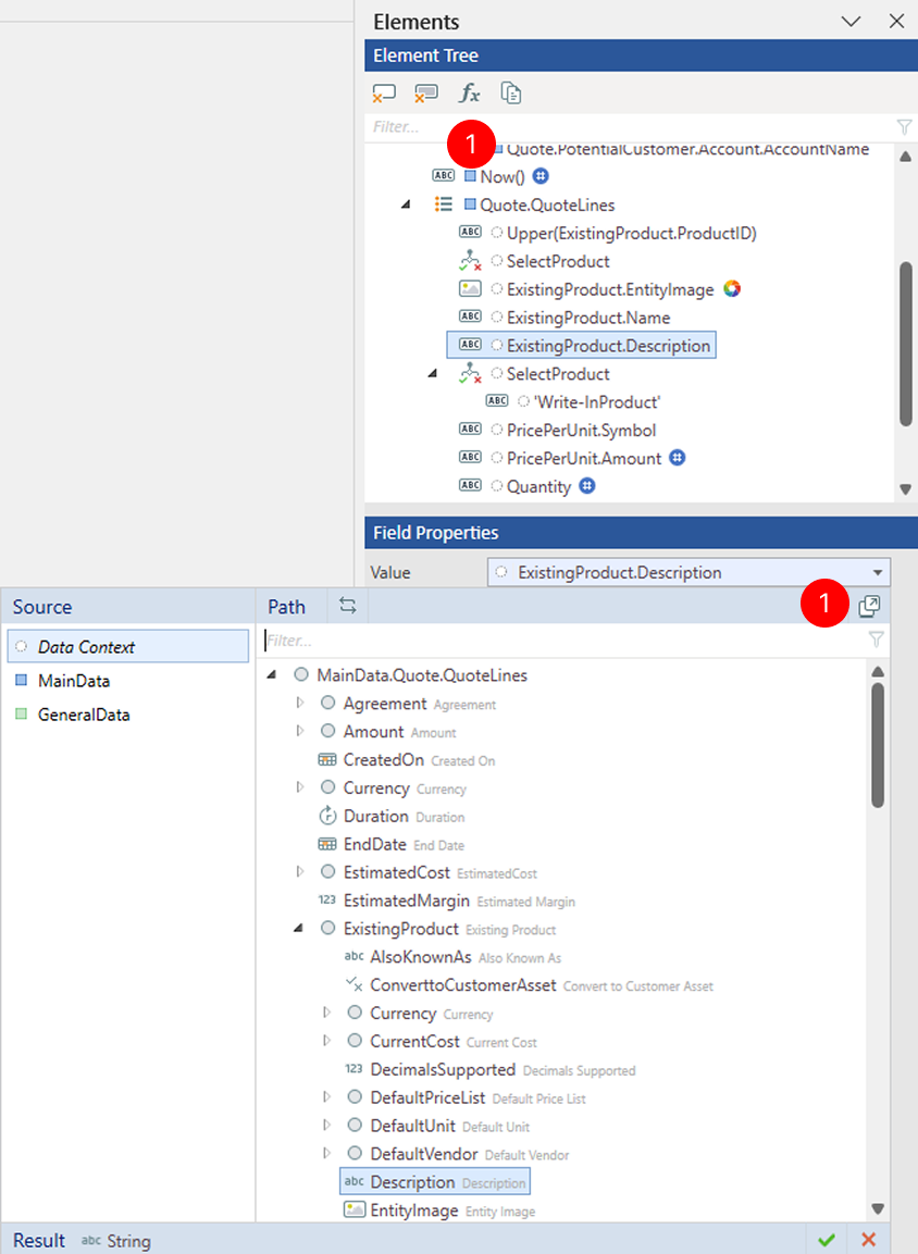 "Value binding panel showing the Open script editor button in the toolbar. The Elements tree pane toolbar at the top contains several buttons including the highlighted Open script editor button which opens the Power Fx editor for advanced formula editing."