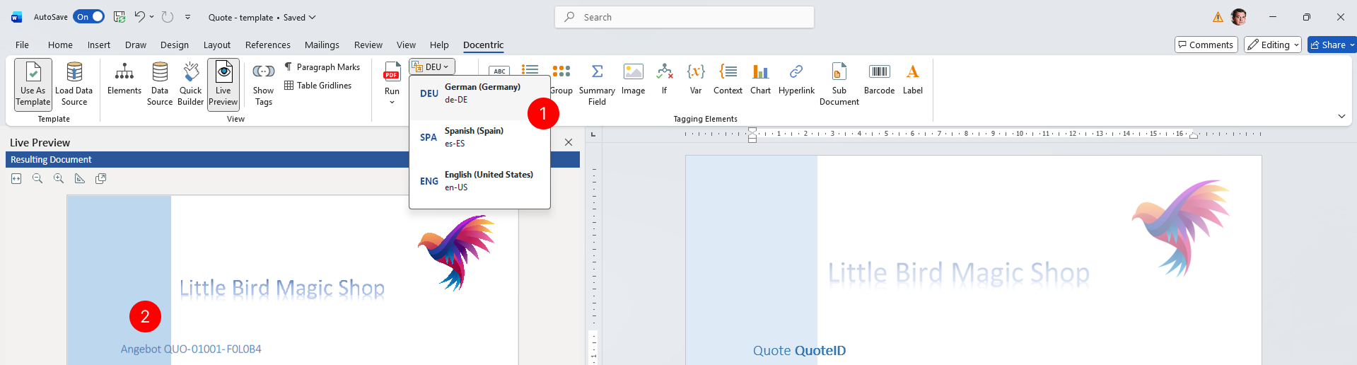 "The Preview Language dropdown menu in the ribbon showing a list of available language options including English, German, Spanish, and French"