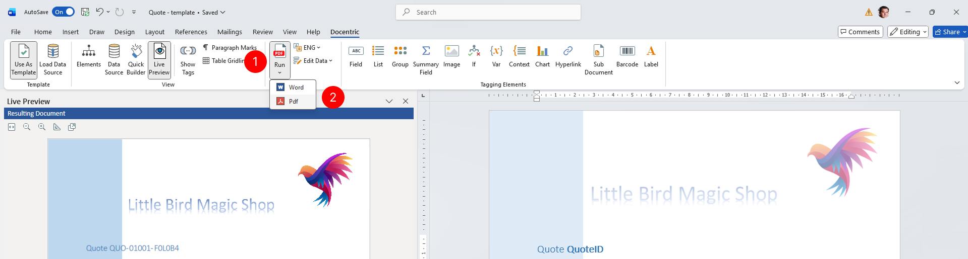 "The Run button in the Preview group with a dropdown showing Word and PDF output format options"
