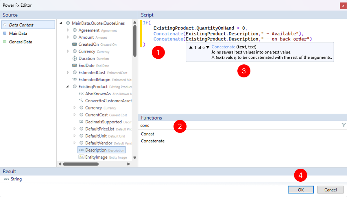 Value binding panel with Power Fx editor active. The panel shows Source dropdown with Data Context selected, and next to it, a formula editor with IntelliSense popup displaying available Power Fx functions and field suggestions. The Power Fx button is highlighted at the top of the editor area. The editor shows an example Power Fx formula for data manipulation.