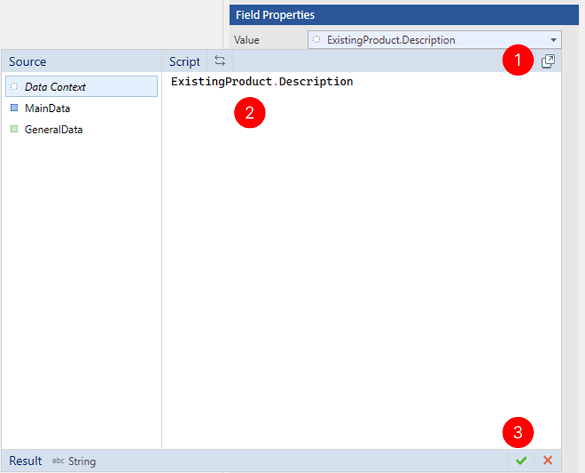 Value binding panel with simple script editor active. The panel shows Source dropdown with Data Context selected, and below it a text editor area displaying a script expression. The Path-Script switch button is highlighted, indicating that script mode is enabled. The editor shows example script for selecting data from a field.