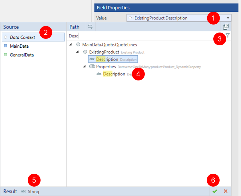 Value binding panel in Template Designer showing static path binding. The panel displays Source dropdown with Data Context selected, and a hierarchical tree structure under Path showing Quote table expanded with fields like QuoteId, Name, TotalAmount, and related tables like Account and QuoteDetails. The Description field is highlighted in the tree.