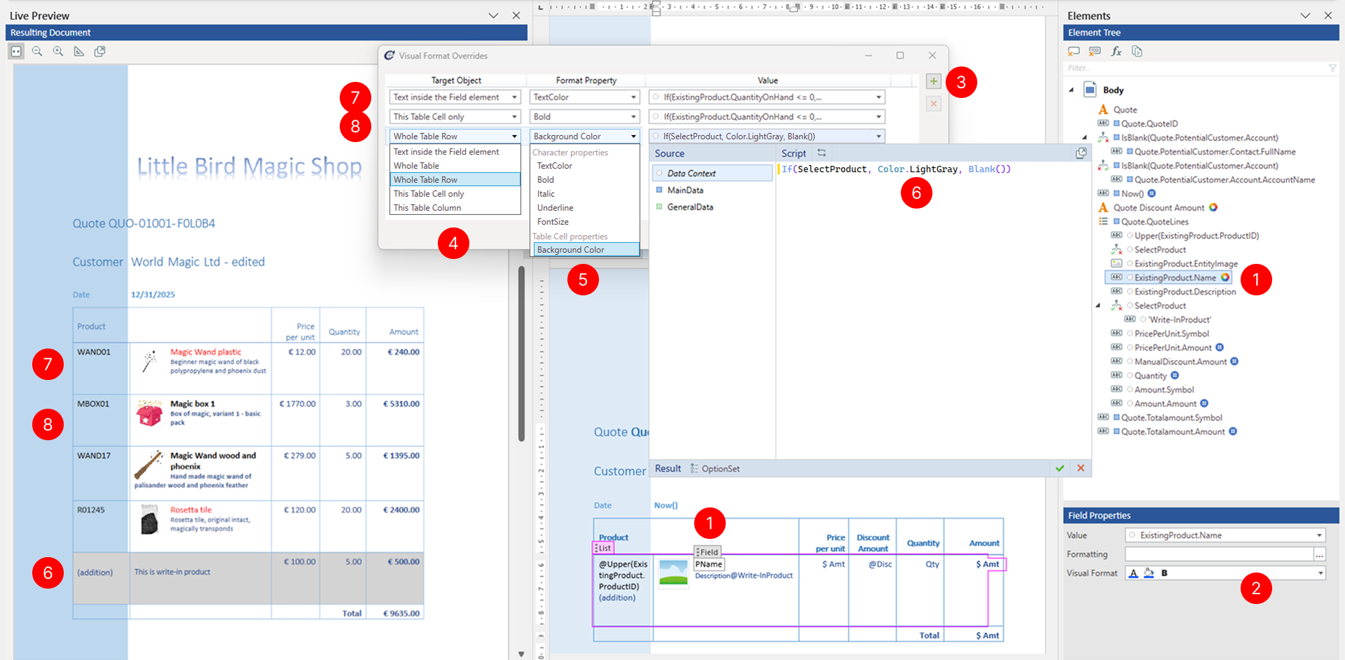 Visual formatting dialog showing a complex example with multiple formatting rules. The dialog displays several rules configured for a Field tagging element. Target Object is set to "Run", with different Target Properties including "ForeColor", "Bold", and "FontSize". Each rule has a Value Expression with conditional Power Fx formulas that change text appearance based on data values. Red circles with numbers highlight: 1 - the Target Object dropdown, 2 - the first formatting rule showing color change, 3 - the second rule showing bold text, 4 - the third rule showing font size adjustment, and 5 - the Add formatting rule button to add more rules.