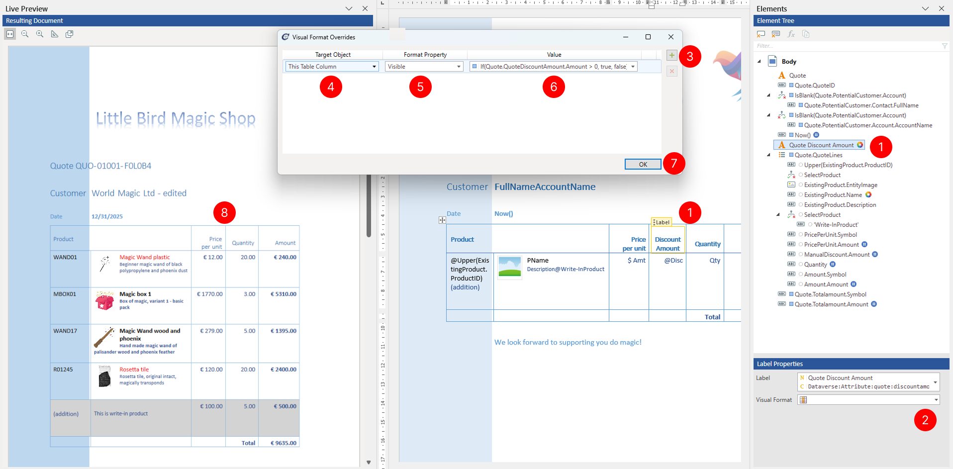 Visual formatting dialog in Template Designer showing a simple example. The dialog displays a formatting rule being configured with Target Object set to "TableColumn", Target Property set to "IsHidden", and Value Expression showing a Power Fx formula. The example demonstrates hiding a column in a table based on a condition. A red circle with number 1 highlights the Target Property dropdown, circle 2 highlights the Value Expression field, and circle 3 highlights the result preview area.