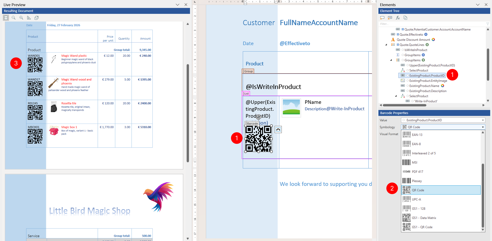 Properties pane showing the Symbology dropdown with multiple barcode format options.