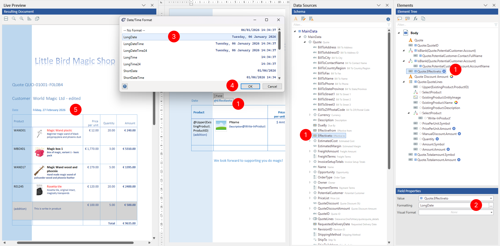 Format dialog for date-time data type predefined data and time formatting patterns.