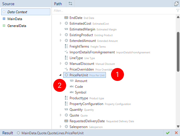 Elements tree pane showing an expanded money data field with the Amount, Code, and Symbol parts.