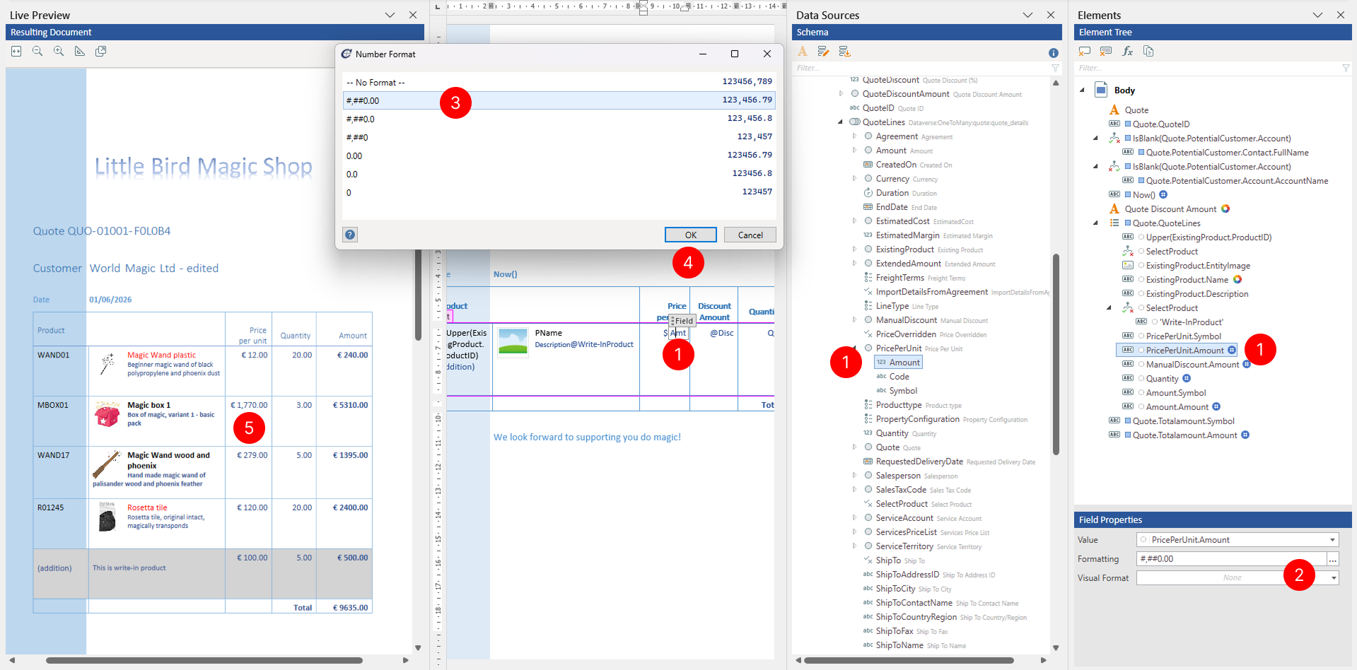 Format dialog for numeric data type showing predefined number formatting patterns.