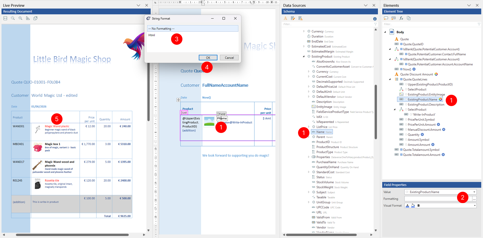 Format dialog for string data type showing no format and HTML formatting.