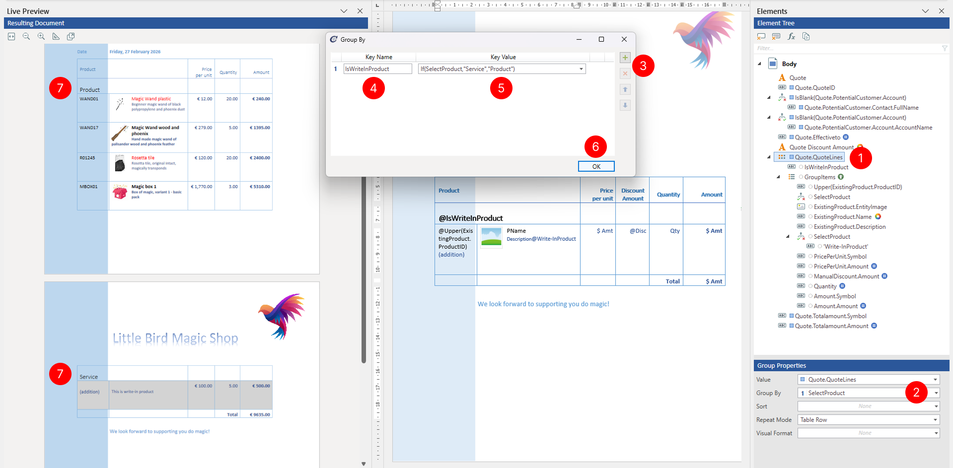 Group By dialog showing one grouping level with a key name and key value specified.