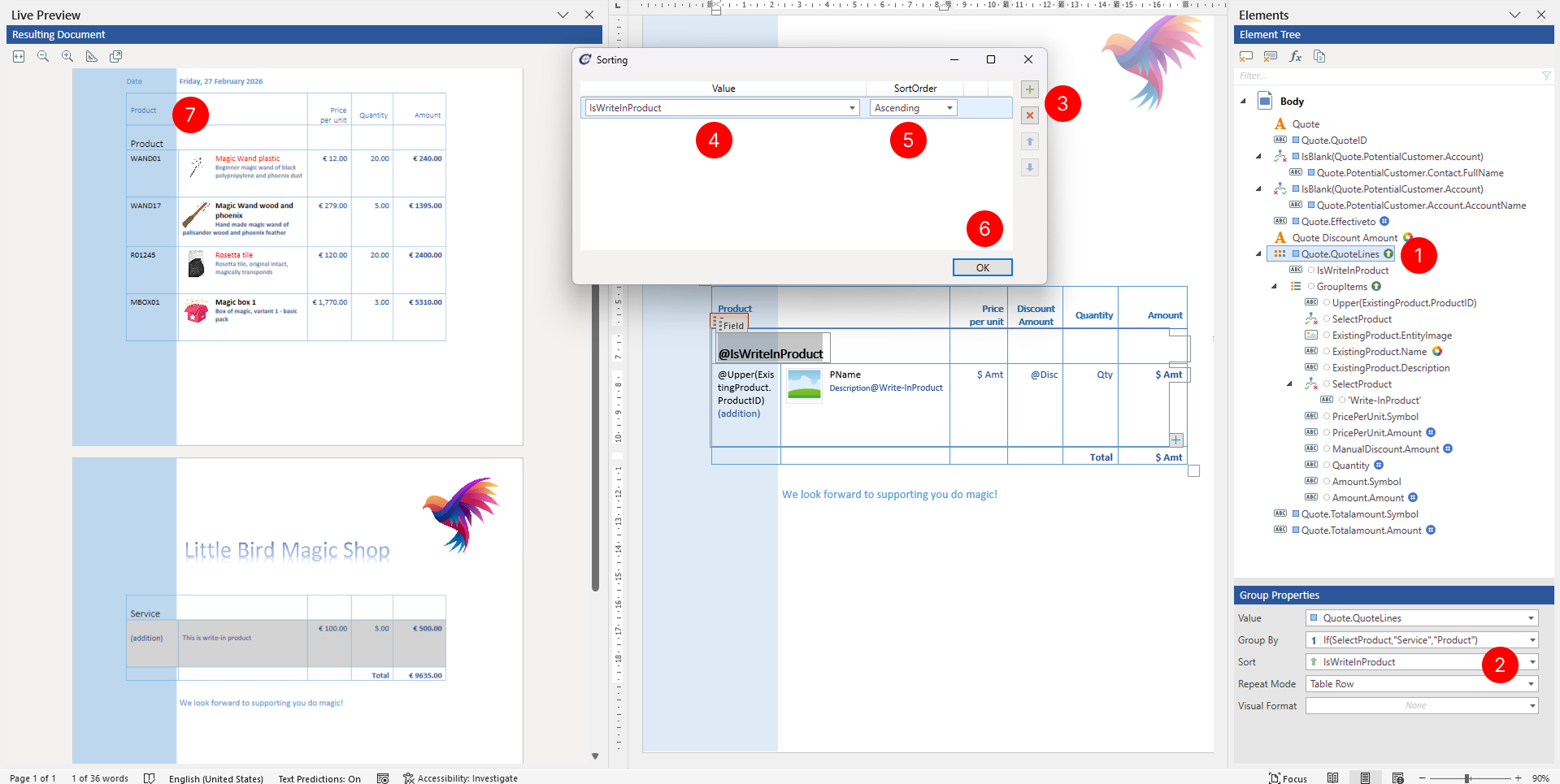 Sorting dialog showing interface for configuring sorting rules within groups.