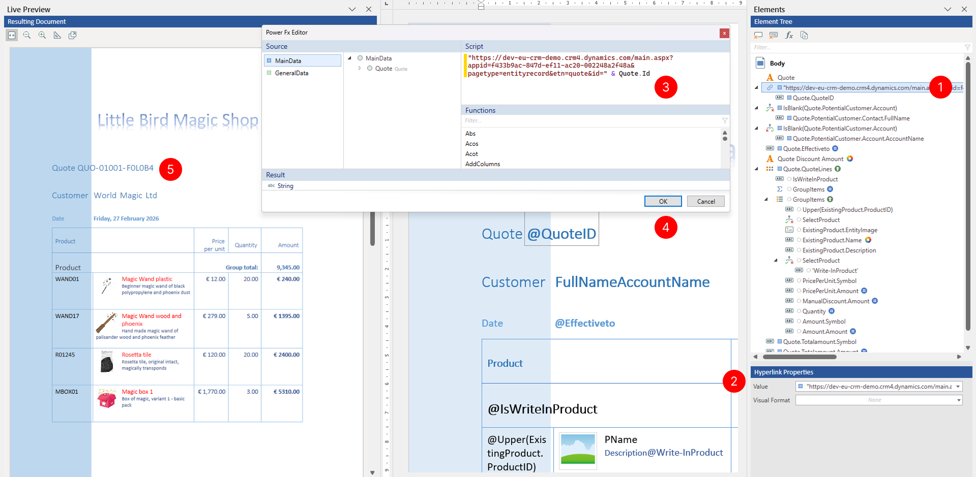 Properties pane showing the Hyperlink tagging element with the Value property for binding URL data.