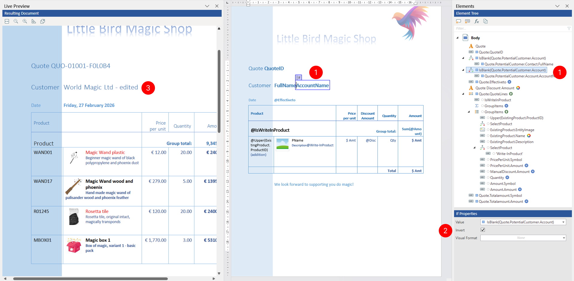 Properties pane showing the If tagging element with the Invert checkbox.