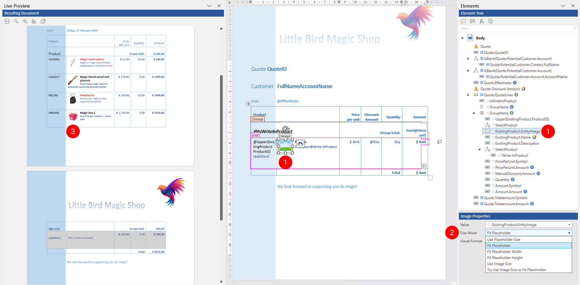 Properties pane showing the Size Mode dropdown with six sizing options for controlling image display.
