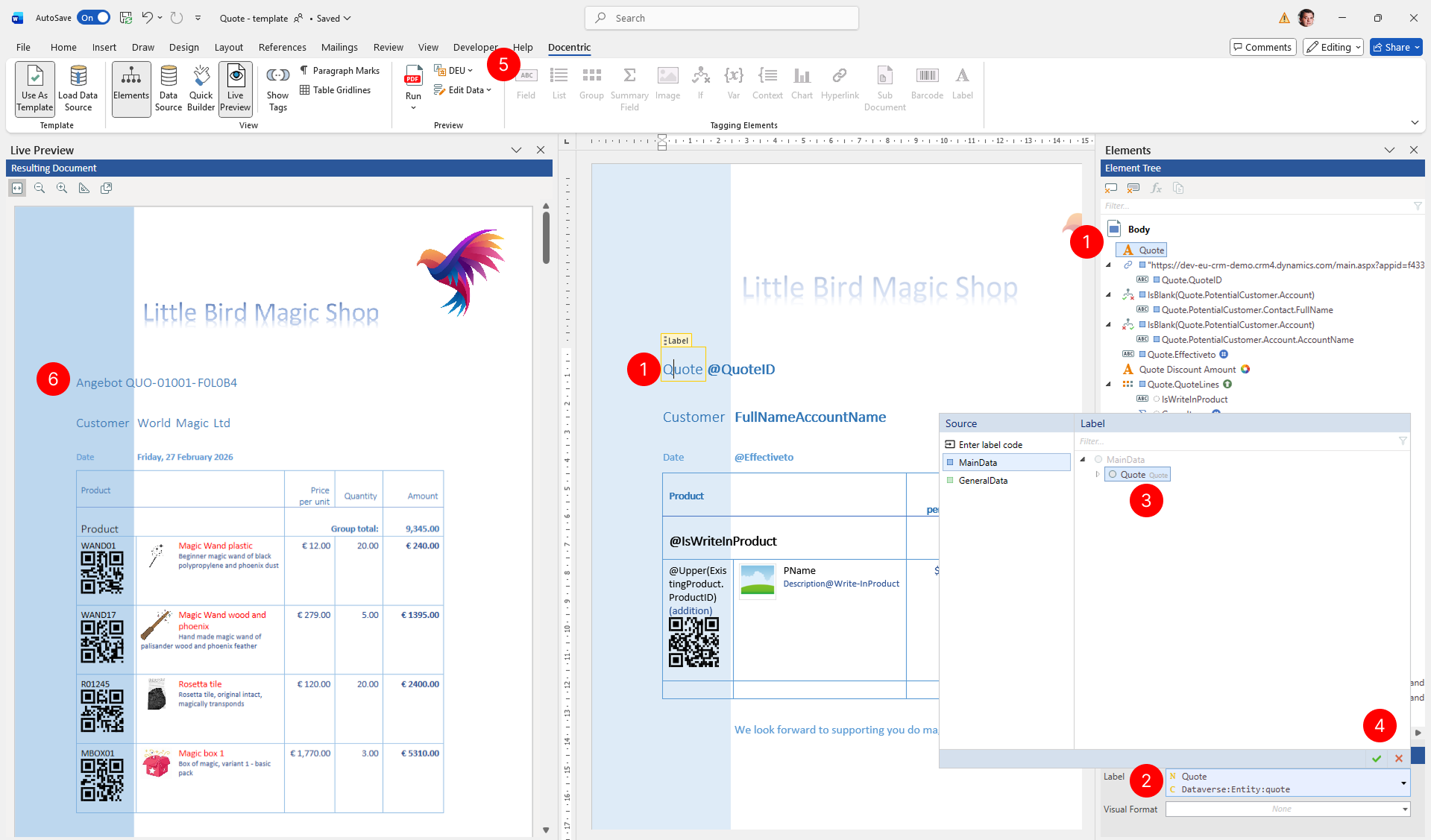 Properties pane showing the Label tagging element with the Value property for selecting a label, including the Enter label code option. Live preview should selected label translated to German language as per Preview selection language in the ribbon.