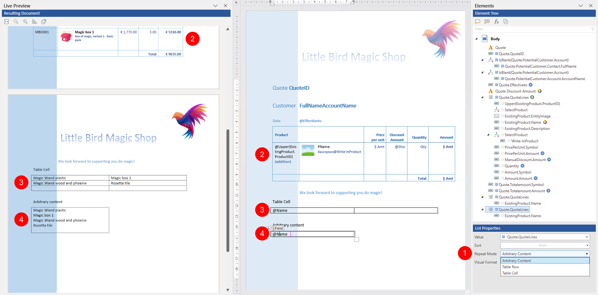 Properties pane showing the Repeat Mode dropdown with Table Row, Paragraph, and Content options.