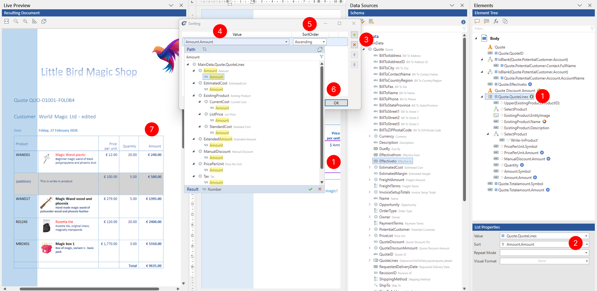 Sorting dialog showing interface for configuring sorting rules with options to add multiple sort criteria.