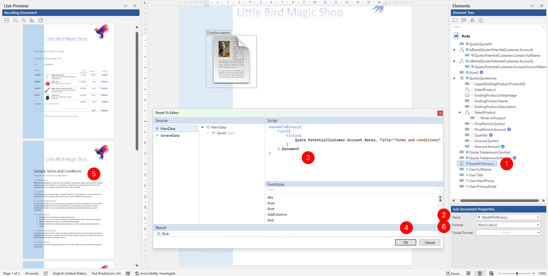 Value binding panel showing Subdocument binding with Base64ToBinary function.
