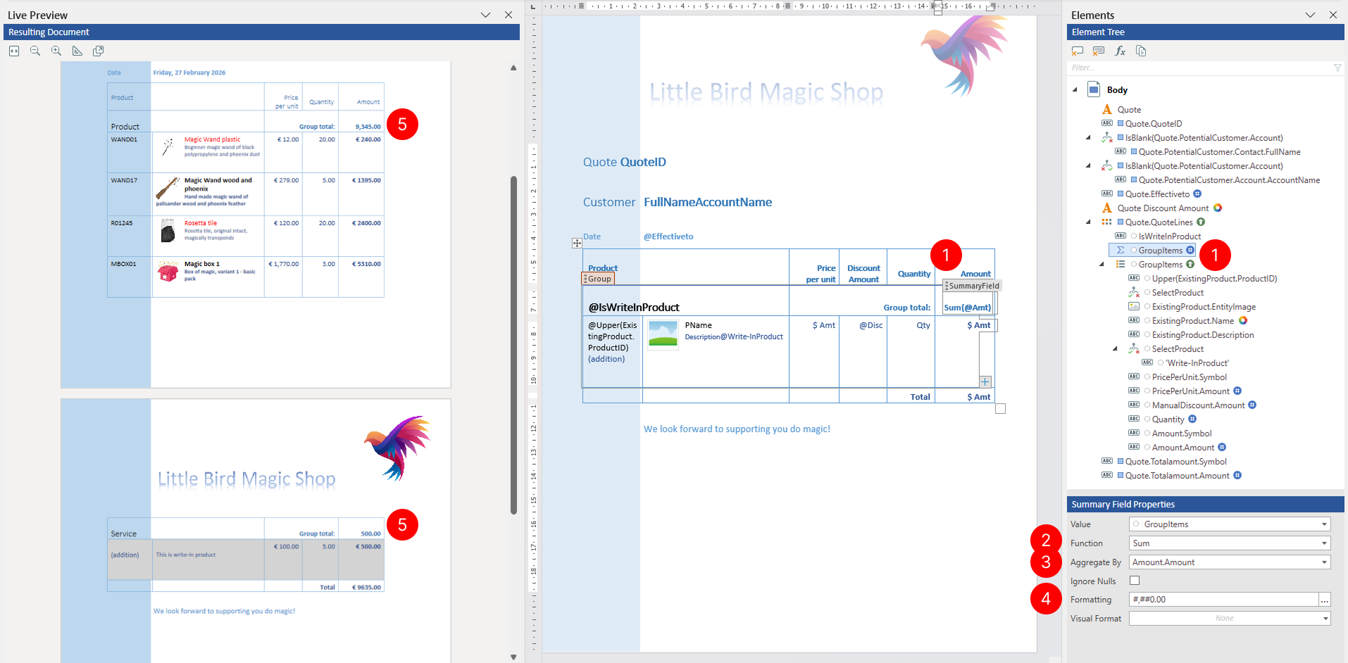 Properties pane showing Summary Field tagging element properties including Function dropdown with aggregate options, Aggregate By property, Ignore Nulls checkbox, and Formatting property.