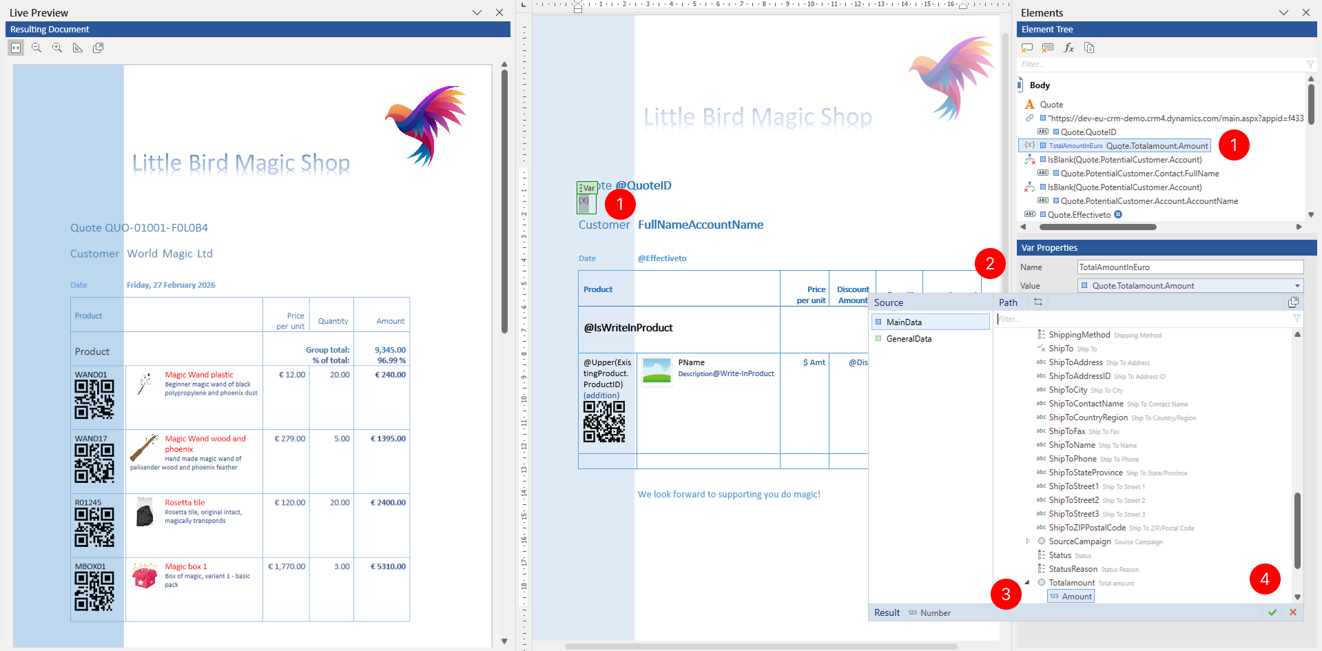Elements pane showing a Var tagging element selected with Var Properties displaying Name and Value properties. The Value binding panel shows MainData as Source with a data structure tree for selecting the field to store.