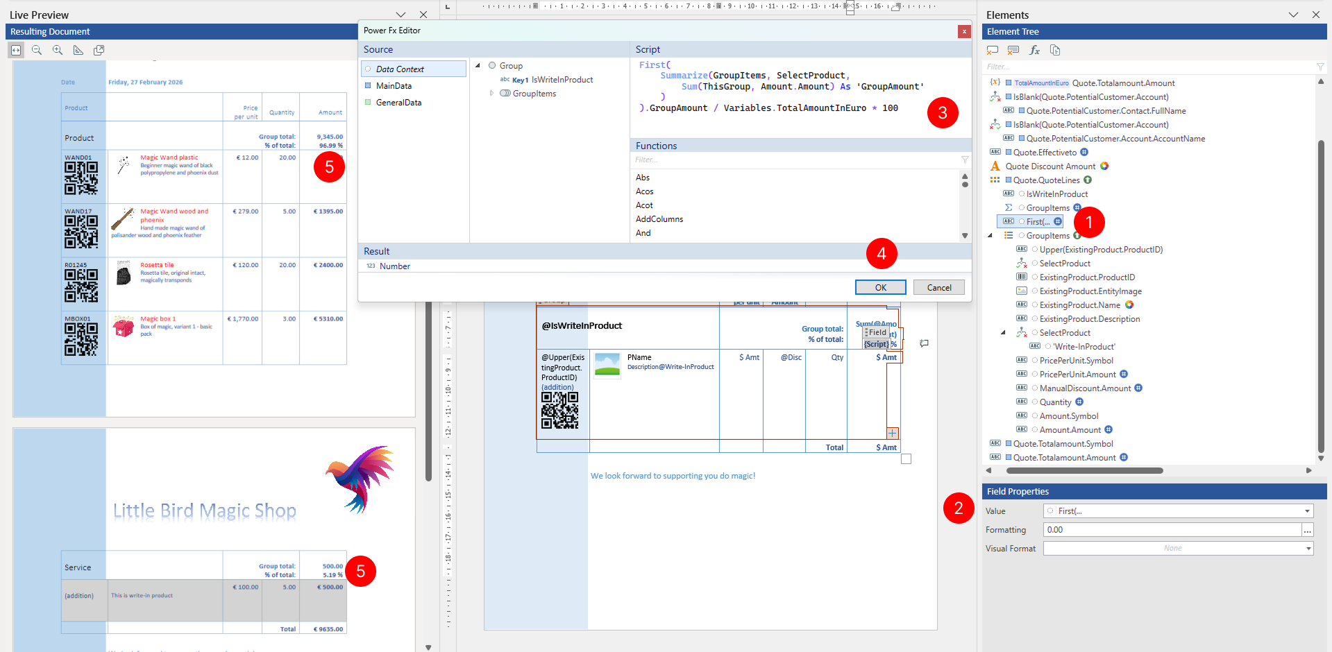 Elements pane showing a Field tagging element bound to a variable. The Value binding panel displays Power Fy Editor as Source with the variable name visible in the Power Fx expression.