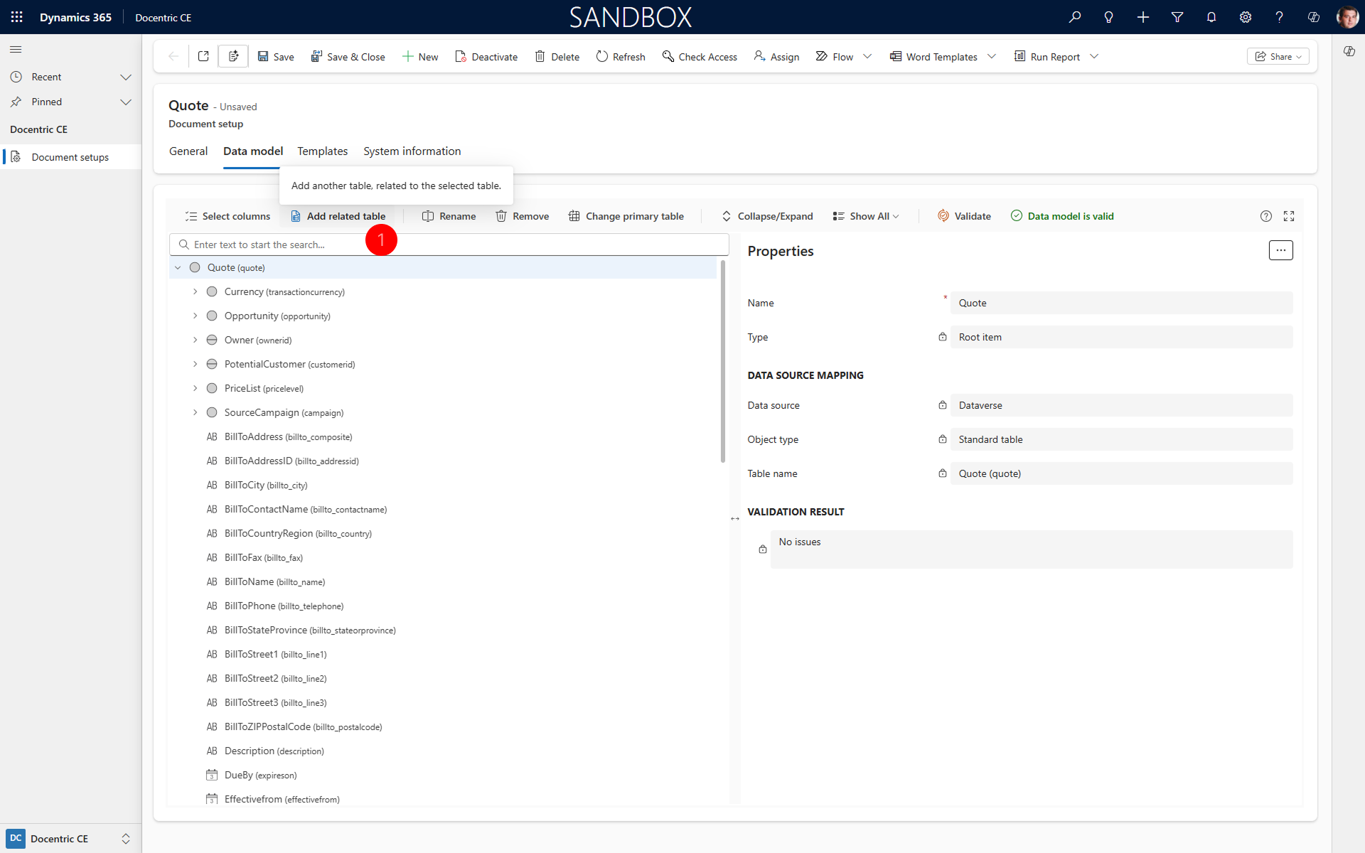 "Shows add related table action in Data model tab."