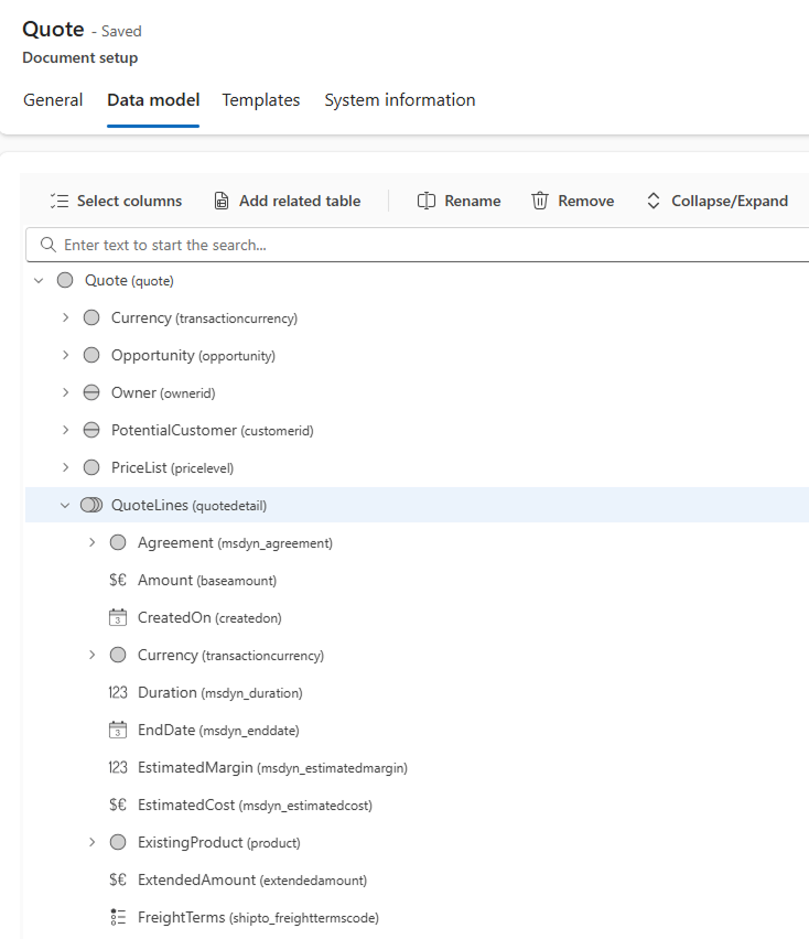 "Data model tab displaying a hierarchical tree structure with Quote as the root table, expanded to show child fields including QuoteLines, a one-to-many relationship containing line item details such as Amount, Currency, Duration, and other quote line attributes"