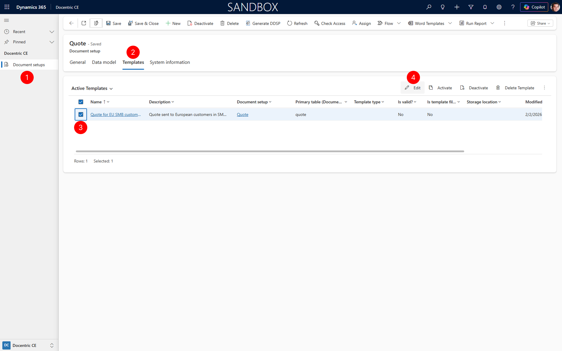 "Shows selection of existing Template and Edit button selected in Document setup Templates tab"