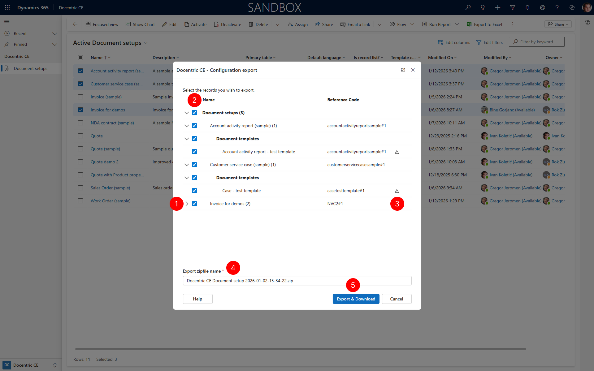 Shows the Export Configuration dialog with selection options.