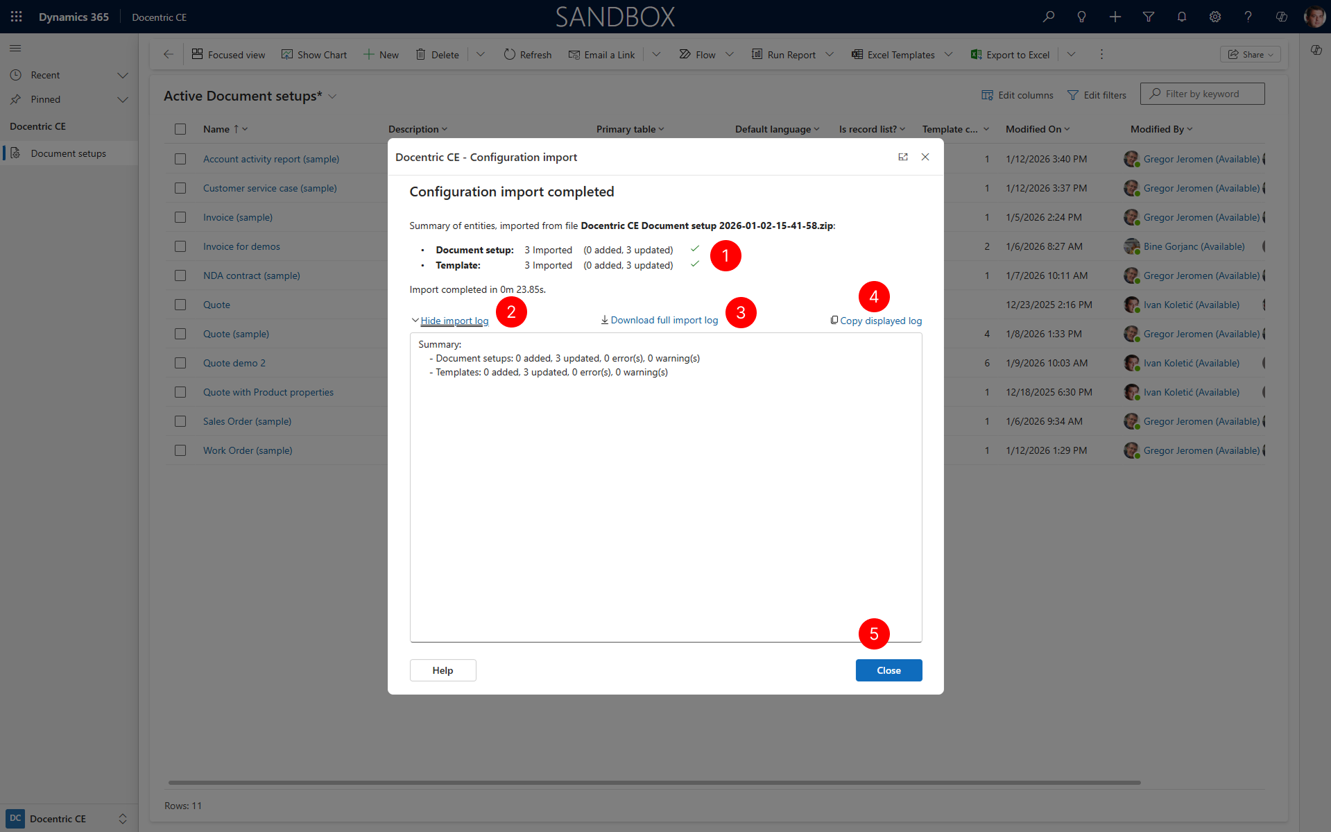 Shows the Import Configuration Status dialog with progress information