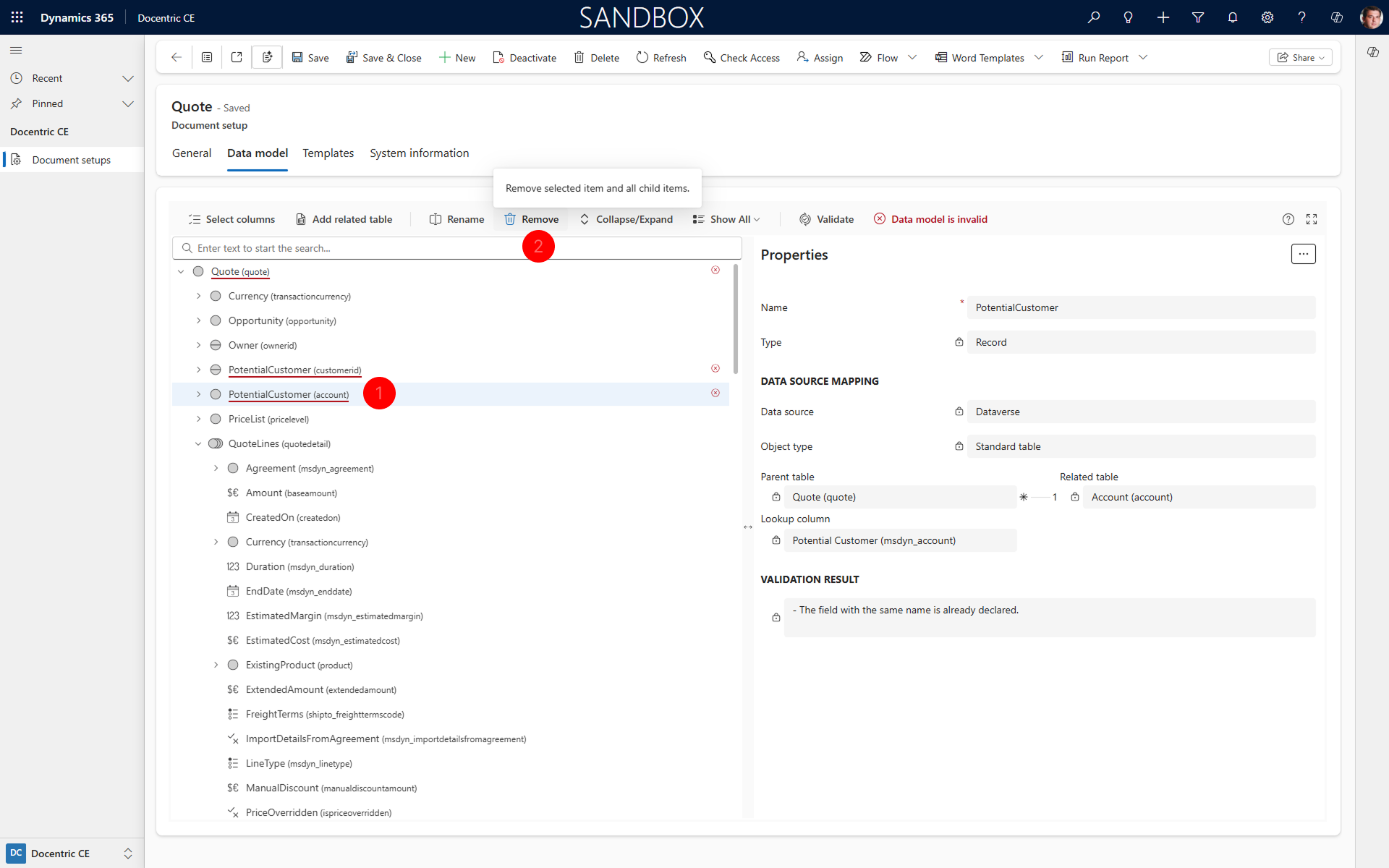 "Shows Remove action in Data model tab."
