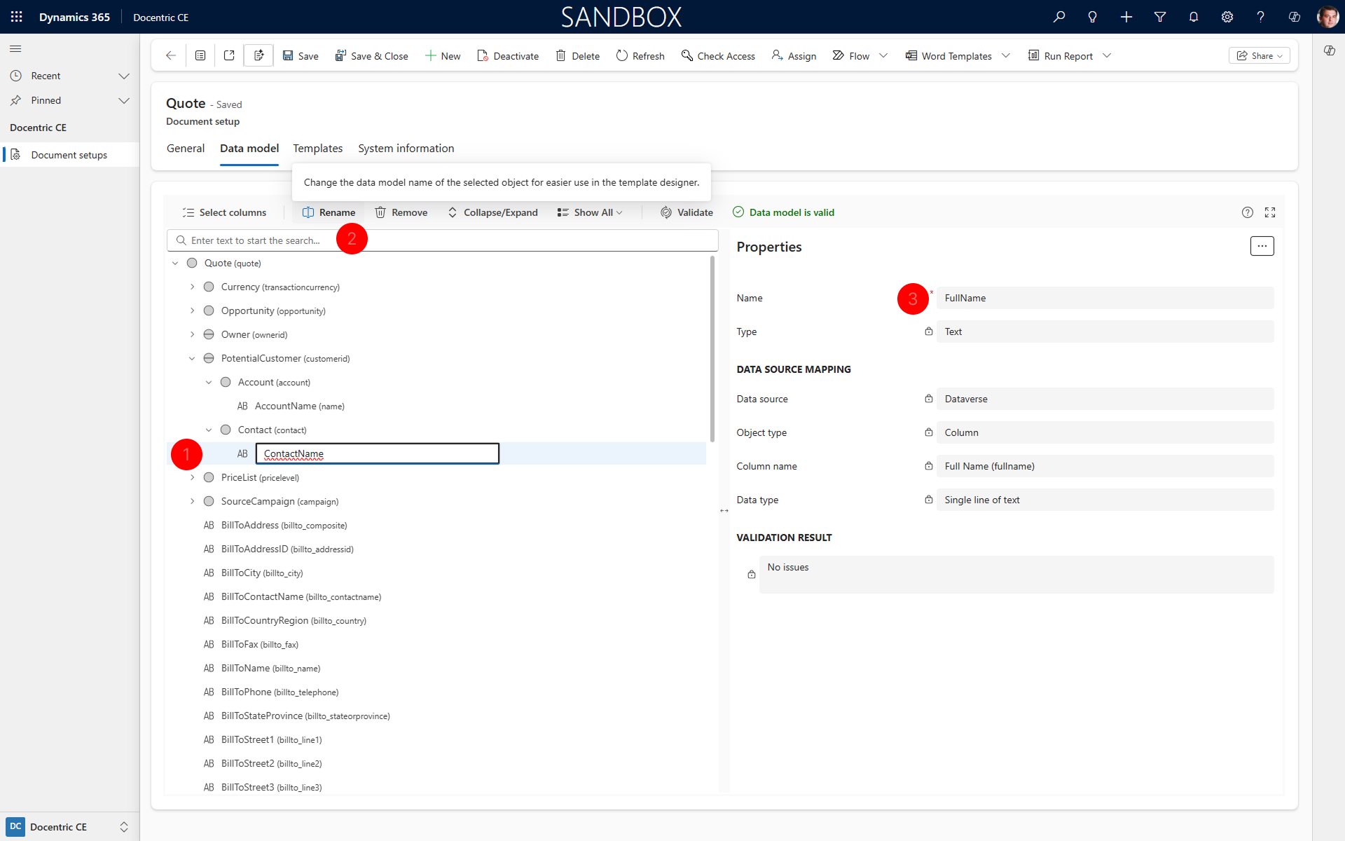 "Shows Rename action in Data model tab and renaming of data element in the tree and in Properties section of Data model tab."