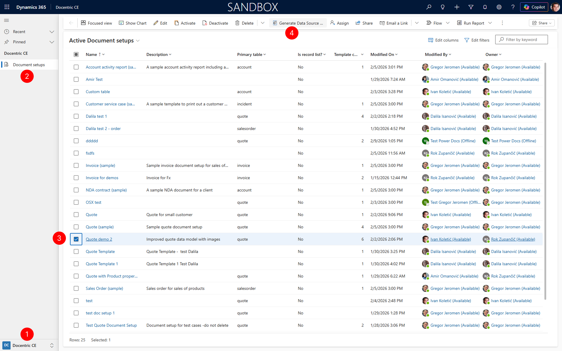 "Shows generate datasource action in Document setup view."