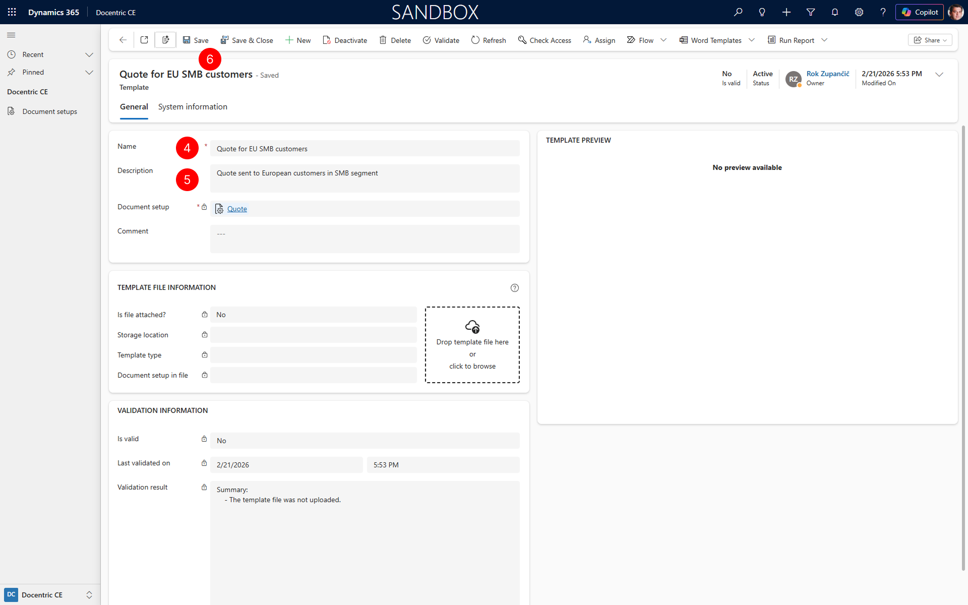 "Shows Template name and description fields in new Template form and Save button selected"