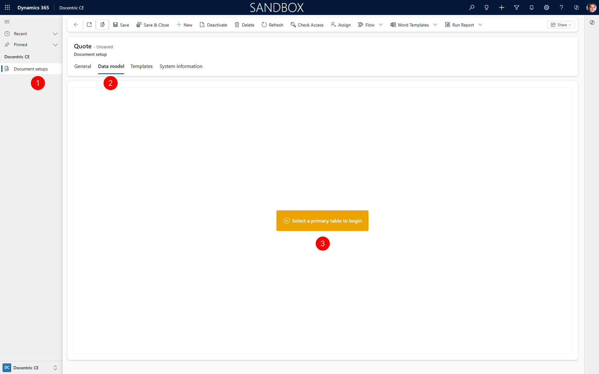 "Shows Data model tab with Select a primary table to begin action."