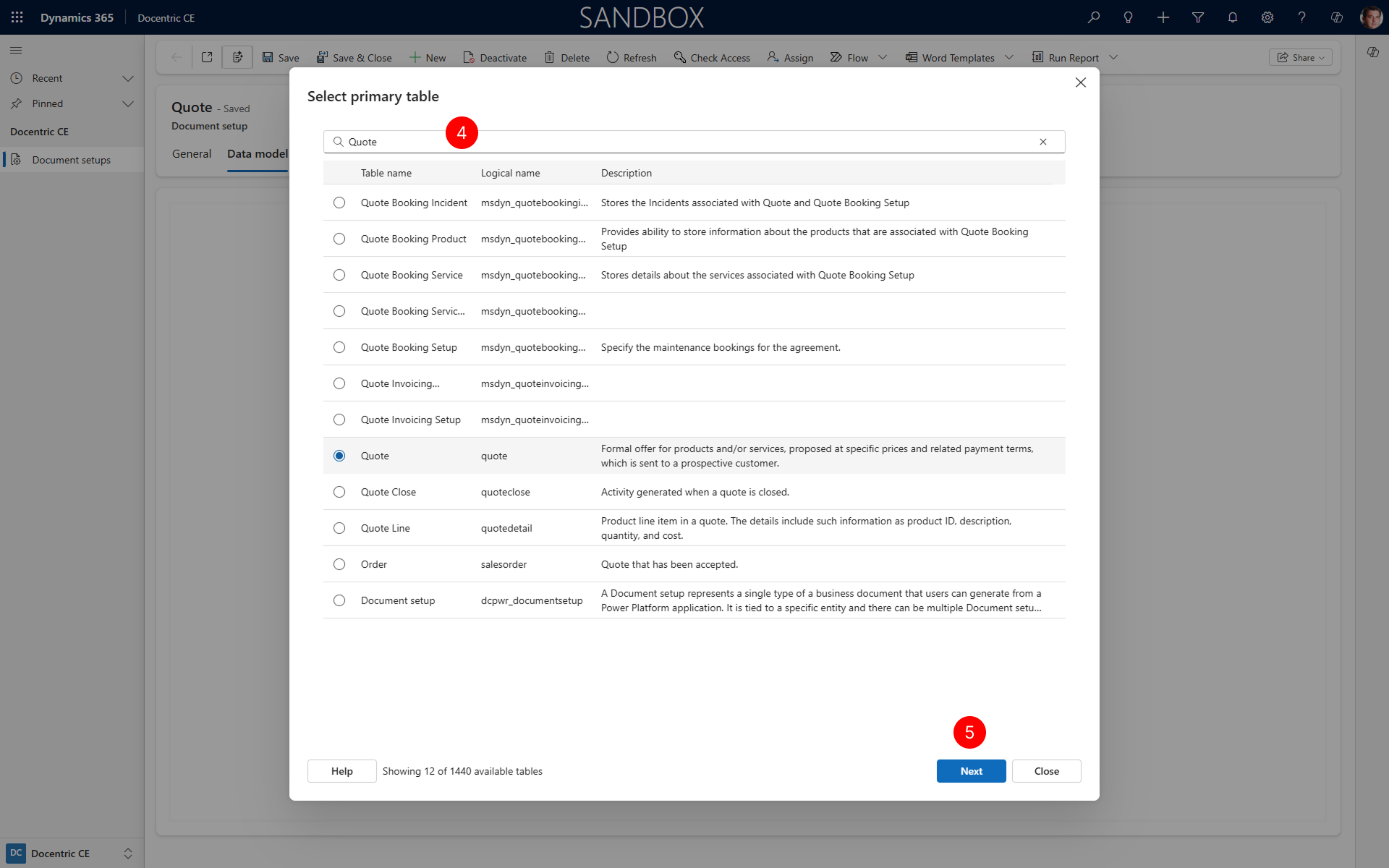 "Shows select a primary table step of the wizard with list of table and Quote table selected."