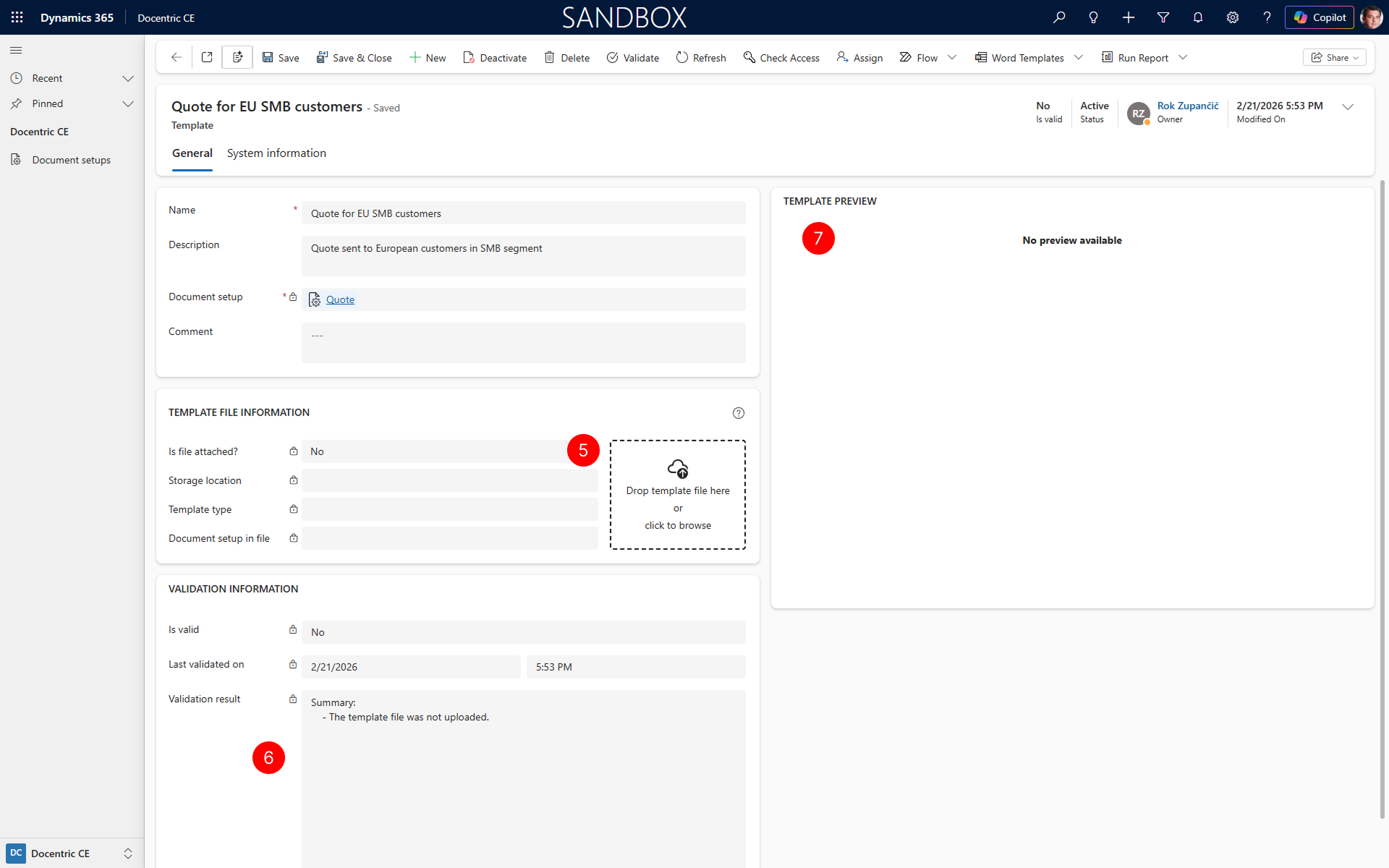 "Shows upload and template drop zone as well as validation results and preview of the Template"