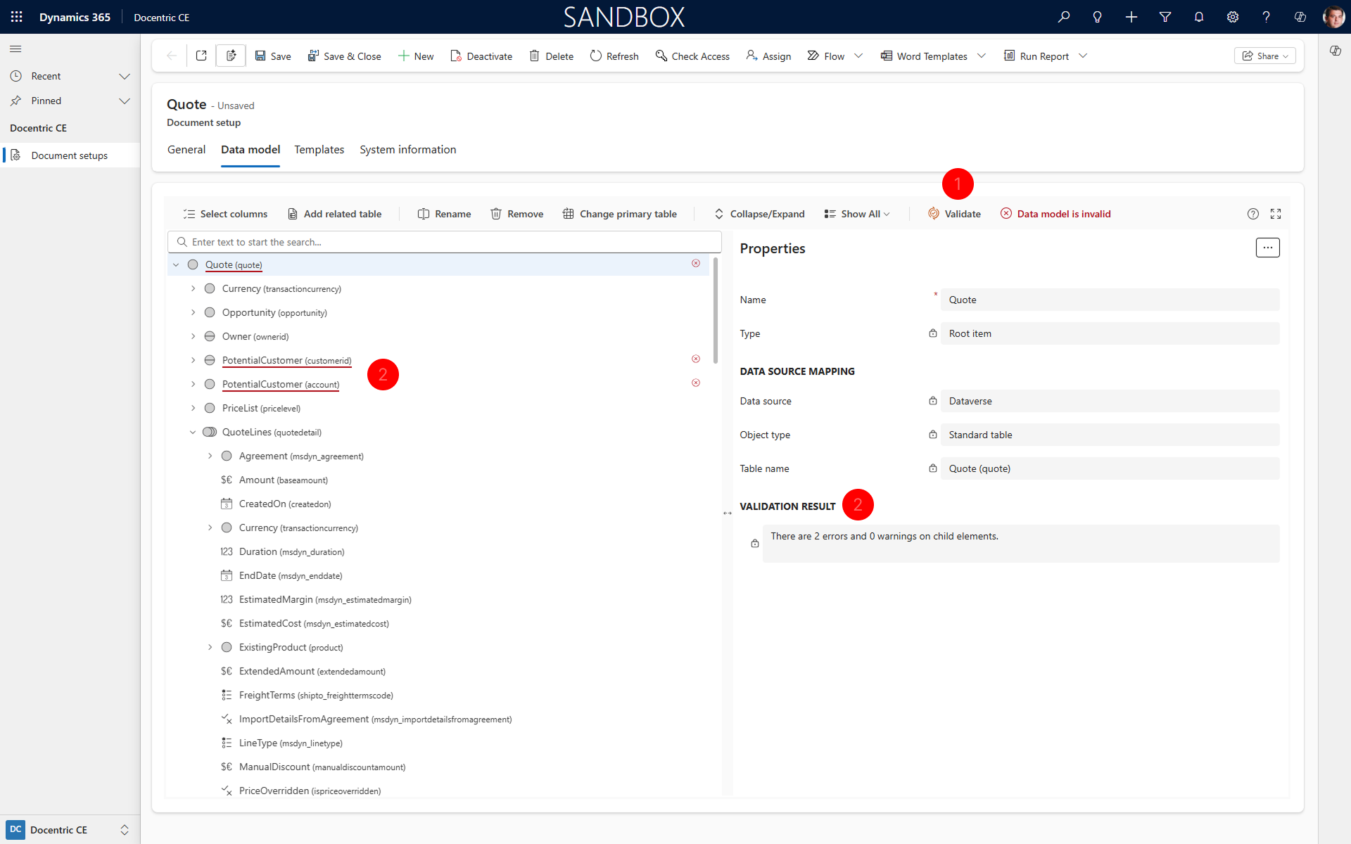 "Shows Validate data model action in Data model tab and validation results."