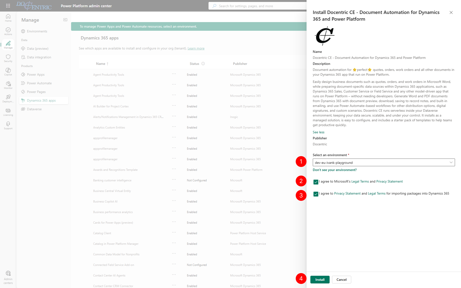 Shows the Power Platform Admin Center installation screen with environment selection and legal terms acceptance.