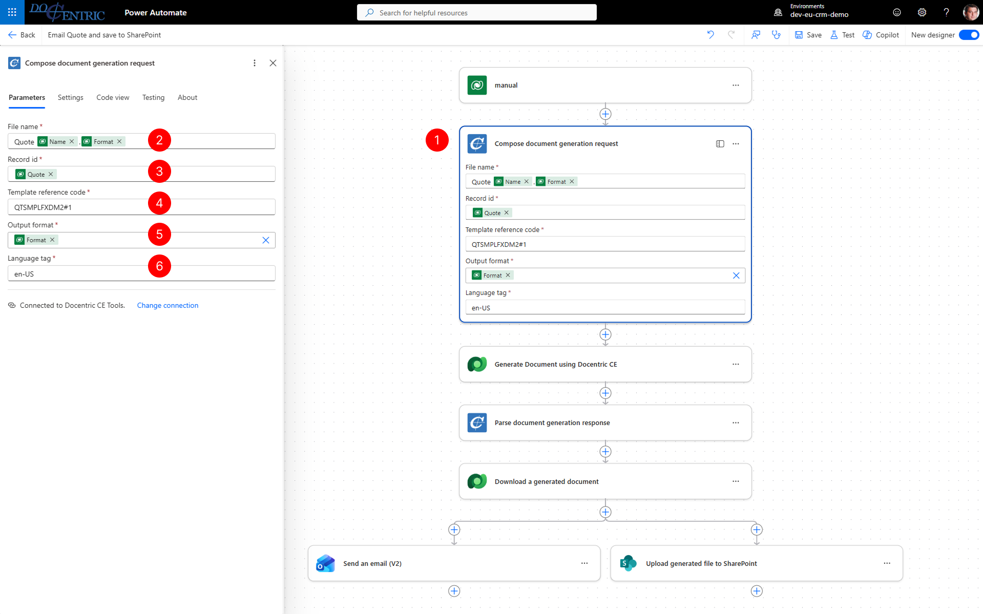 "Shows Compose document generation request parameters in Power Automate flow"