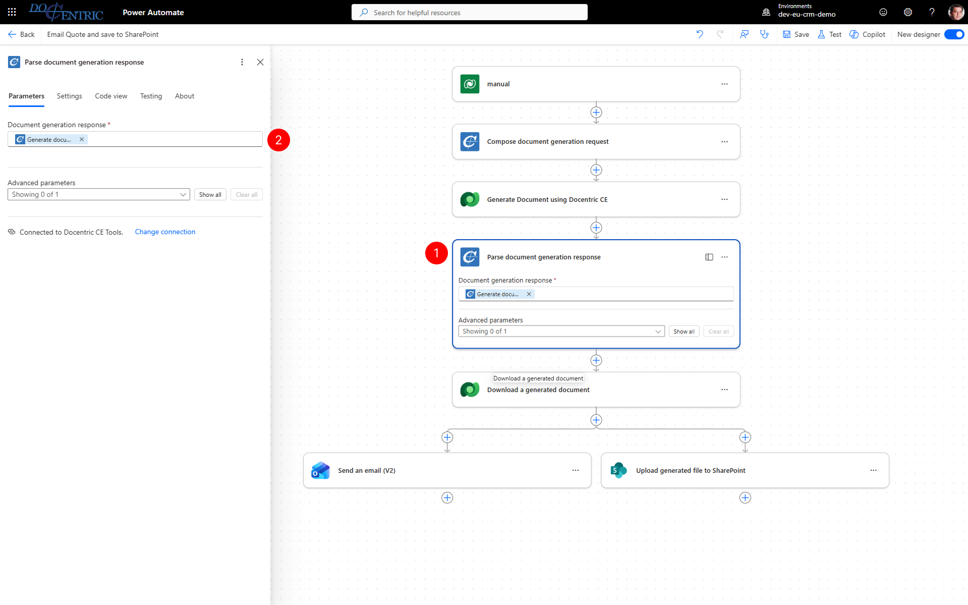 "Shows parse document generation response parameter in Power Automate flow"