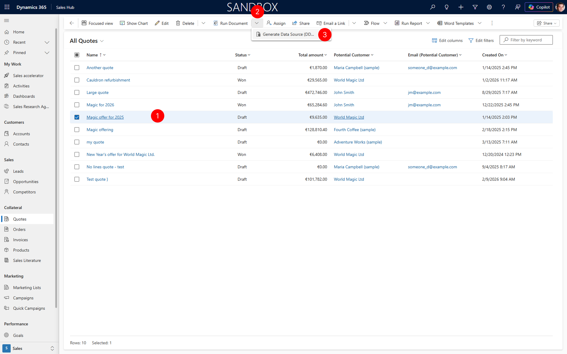 "Shows generate datasource action in Run Document split button."