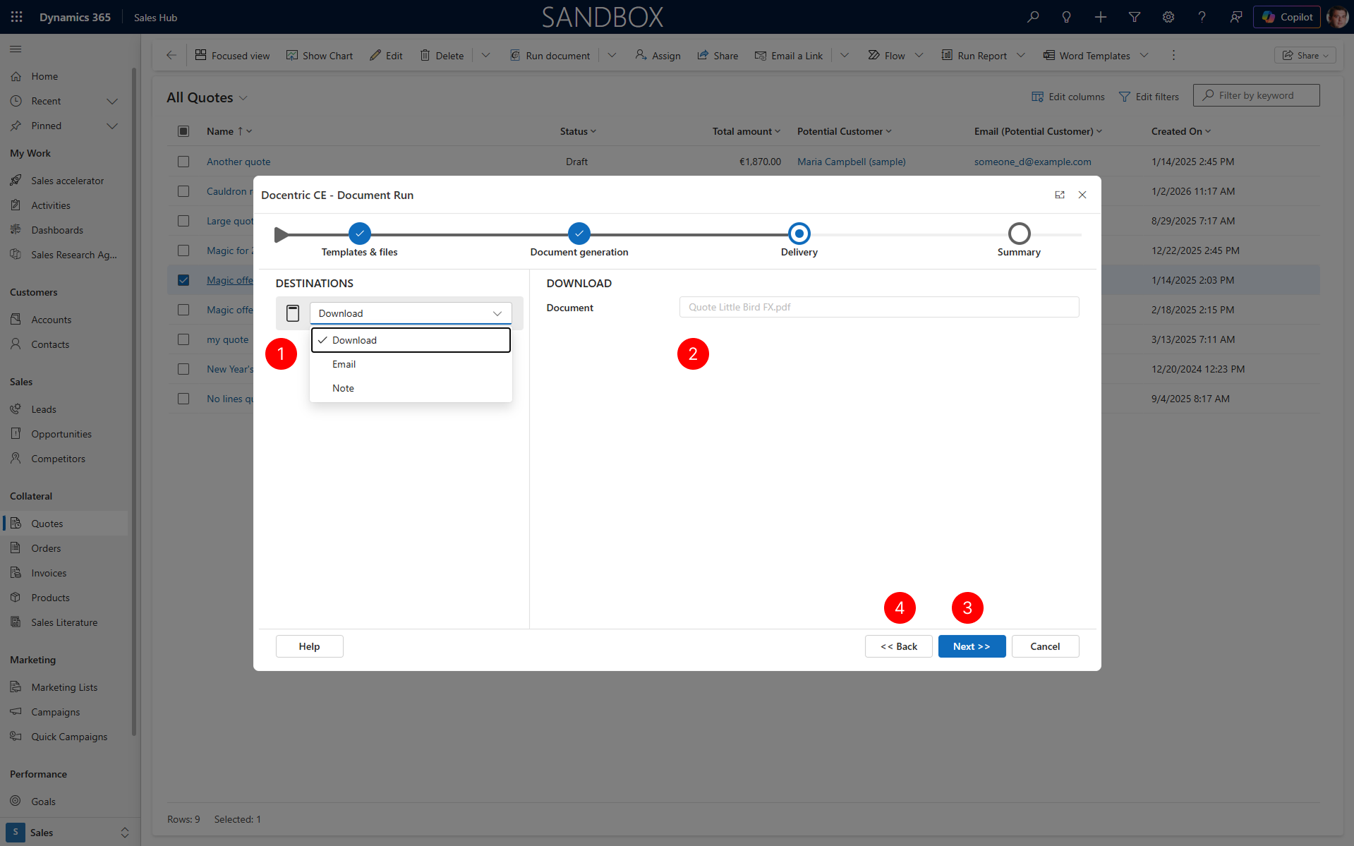"Shows delivery step of document run dialog with all available delivery destination and next action selected."