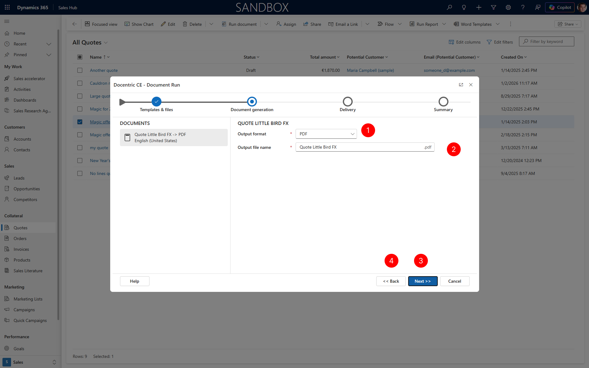 "Show document generation step of document run dialog with resulting document, output format type drop down and output file name. Next action is selected."