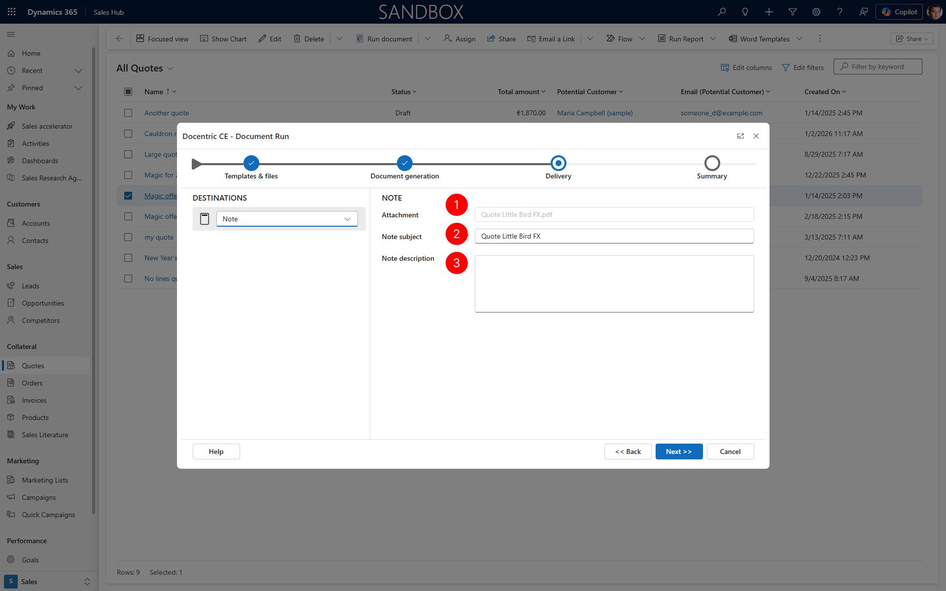 "Shows Note selected in destination panel and settings for it on the right side with Next action selected."